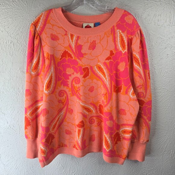 Farm Rio X Anthropologie Sweater Large Coral Paisley Floral Pullover Artsy Top - Picture 2 of 12